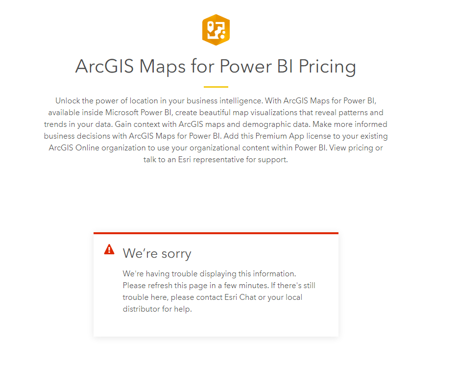 Arcgis maps for power bi pricing page not working